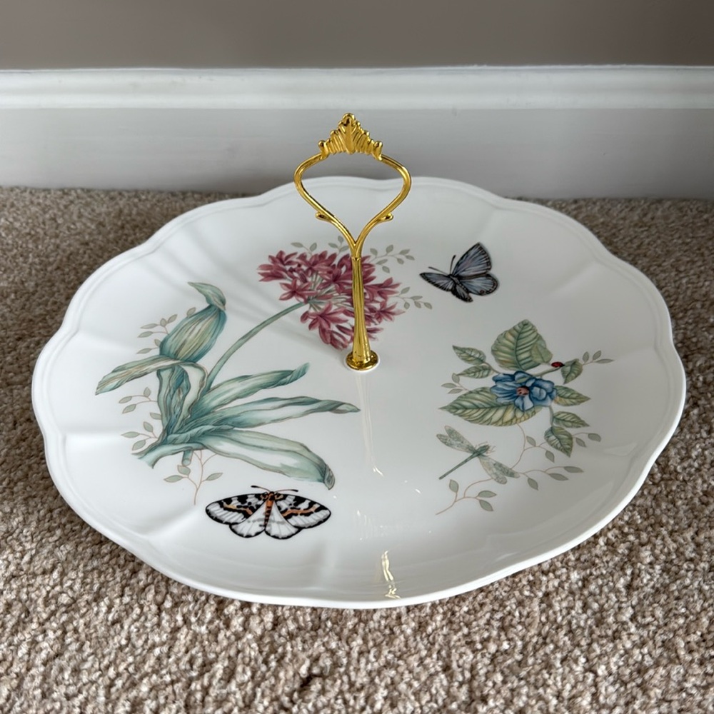 Lenox Butterfly Meadow Dessert Appetizer China Plate Gold Handle Blue Butterfly